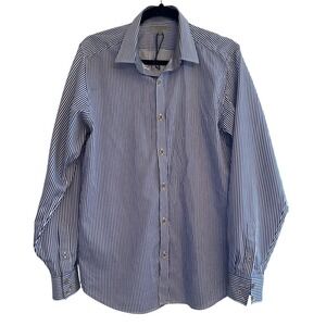 Ted Baker London Mens Blue Striped Button Shirt Floral Cuff Sz 4 L  Career NWOT